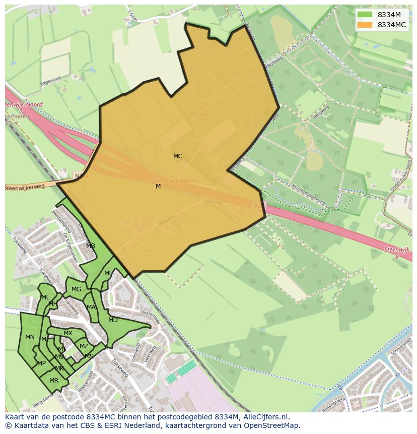 Afbeelding van het postcodegebied 8334 MC op de kaart.
