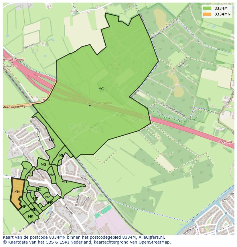 Afbeelding van het postcodegebied 8334 MN op de kaart.