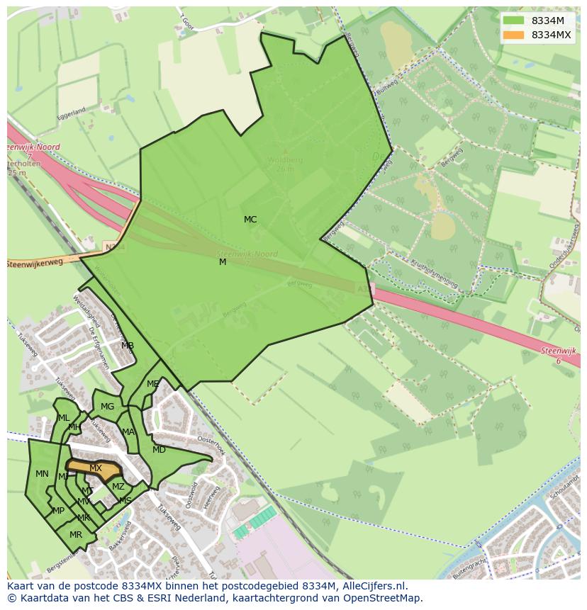 Afbeelding van het postcodegebied 8334 MX op de kaart.