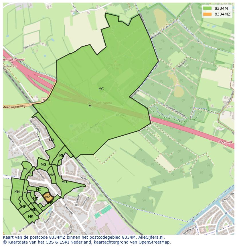 Afbeelding van het postcodegebied 8334 MZ op de kaart.