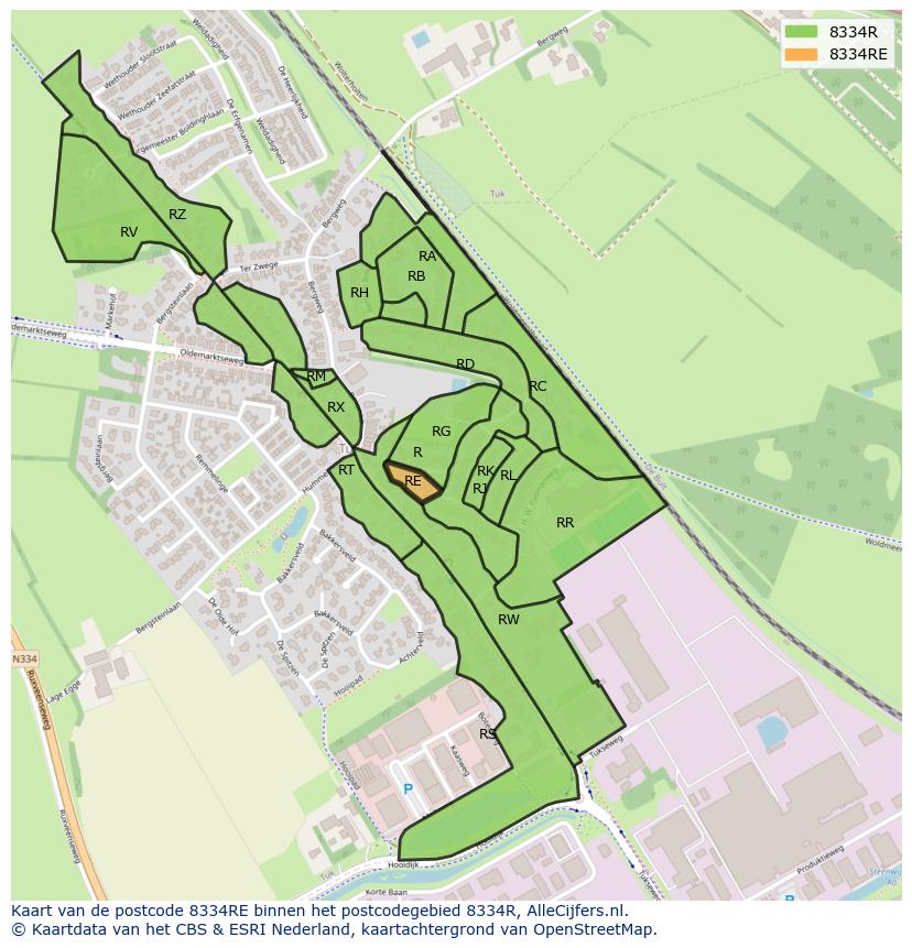 Afbeelding van het postcodegebied 8334 RE op de kaart.
