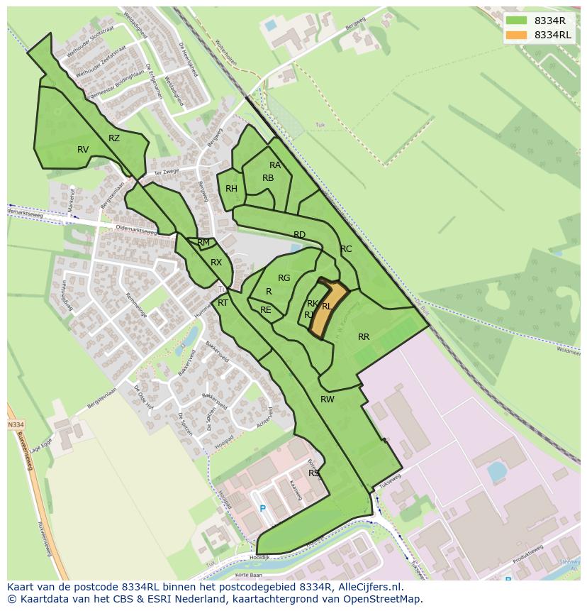Afbeelding van het postcodegebied 8334 RL op de kaart.