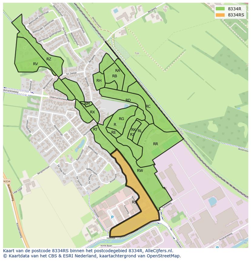 Afbeelding van het postcodegebied 8334 RS op de kaart.