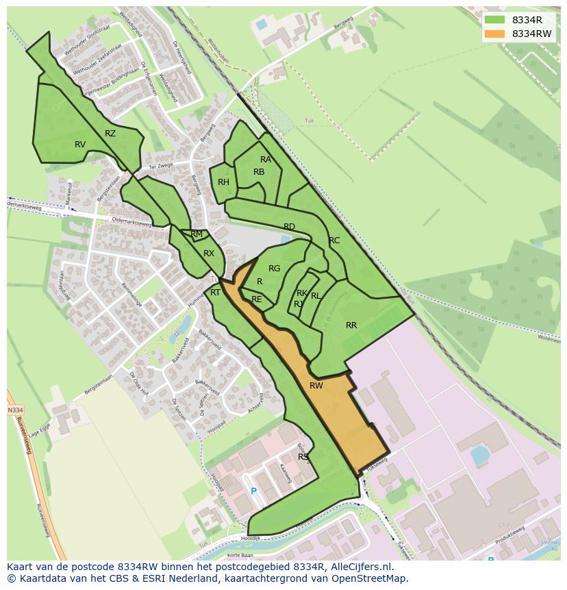 Afbeelding van het postcodegebied 8334 RW op de kaart.