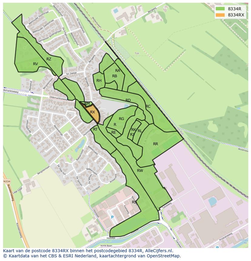 Afbeelding van het postcodegebied 8334 RX op de kaart.
