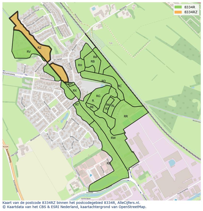 Afbeelding van het postcodegebied 8334 RZ op de kaart.