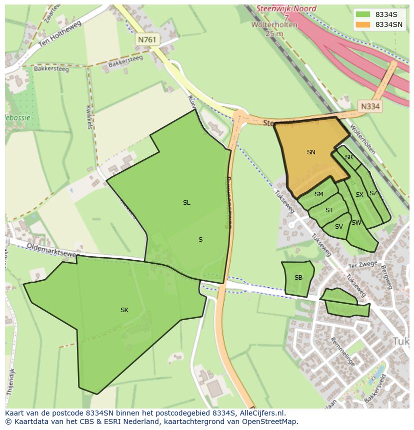 Afbeelding van het postcodegebied 8334 SN op de kaart.