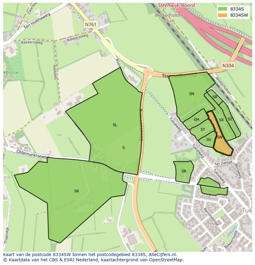 Afbeelding van het postcodegebied 8334 SW op de kaart.