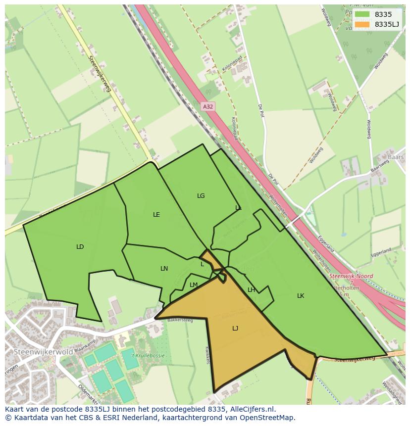 Afbeelding van het postcodegebied 8335 LJ op de kaart.