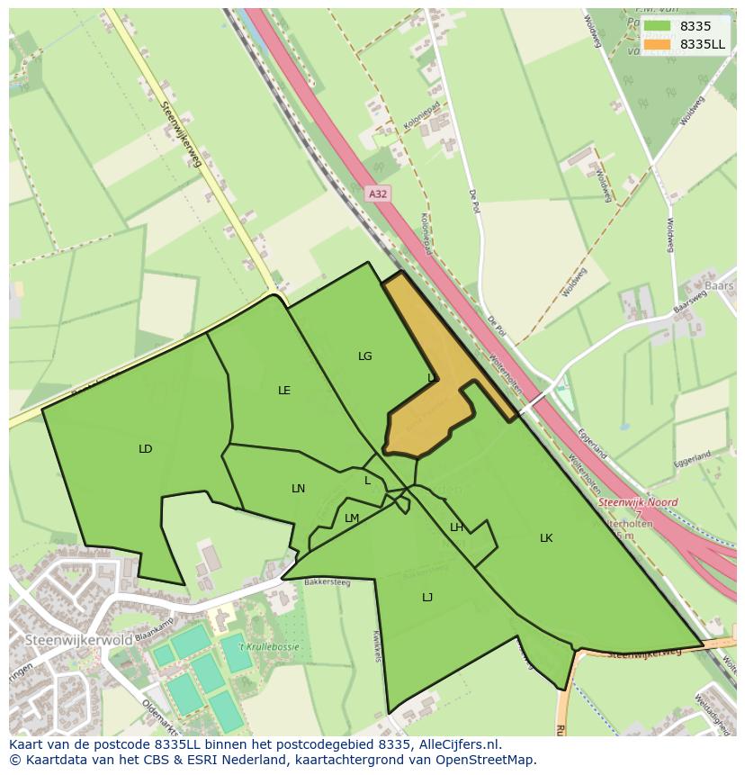 Afbeelding van het postcodegebied 8335 LL op de kaart.