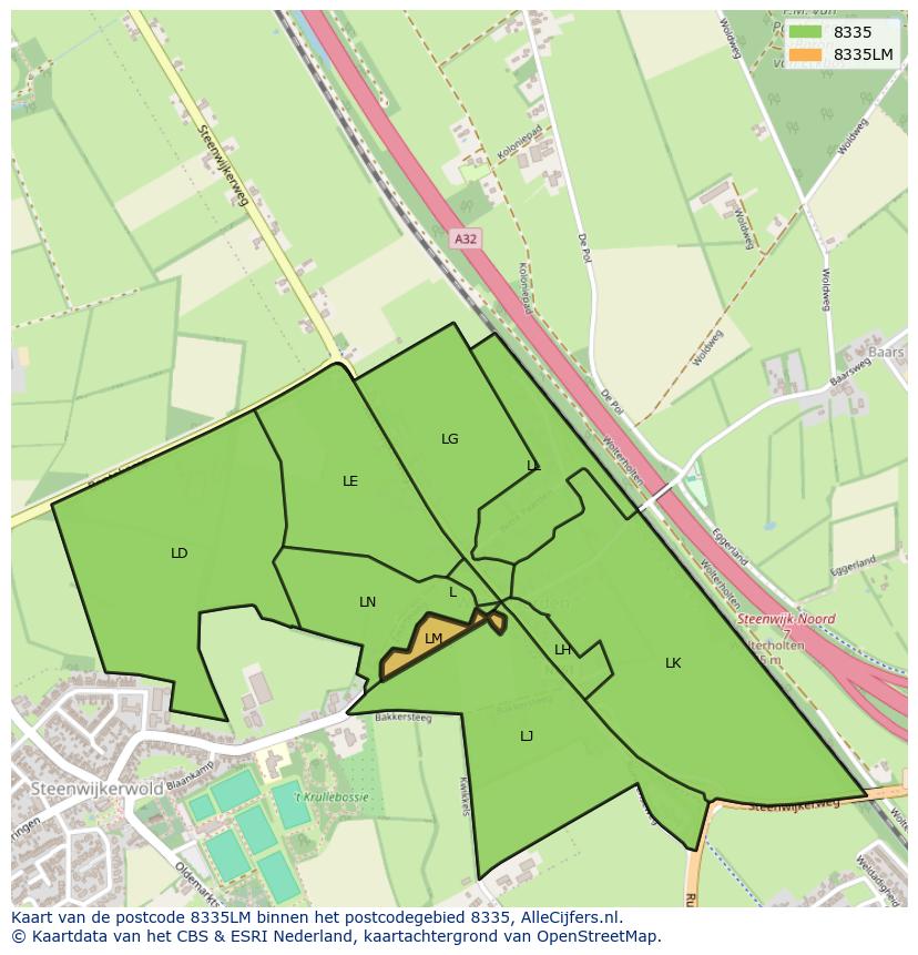 Afbeelding van het postcodegebied 8335 LM op de kaart.