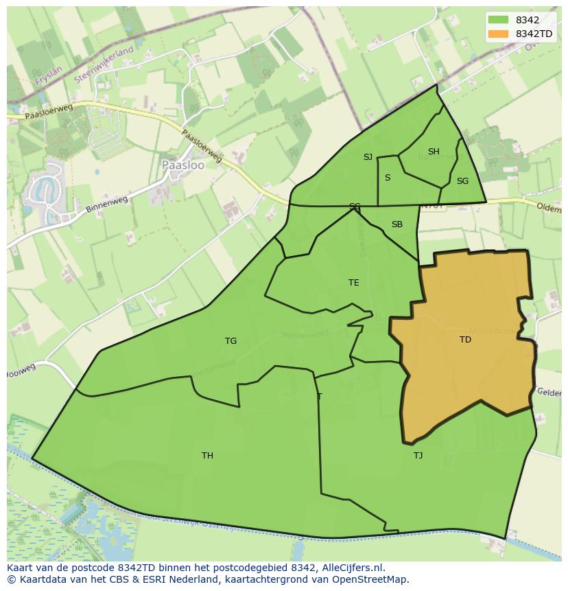 Afbeelding van het postcodegebied 8342 TD op de kaart.