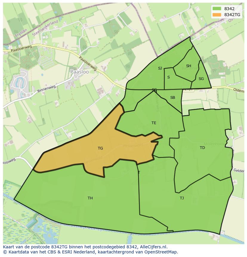 Afbeelding van het postcodegebied 8342 TG op de kaart.