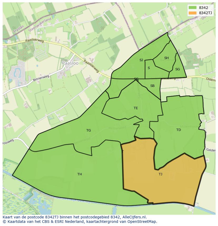 Afbeelding van het postcodegebied 8342 TJ op de kaart.