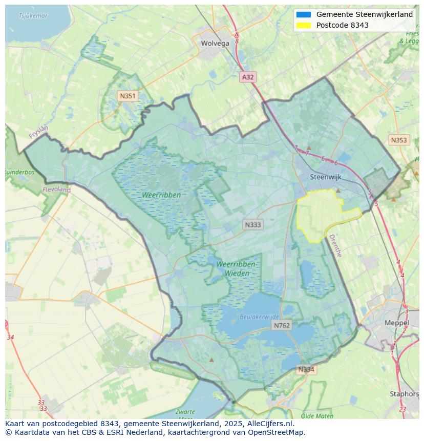 Afbeelding van het postcodegebied 8343 op de kaart.