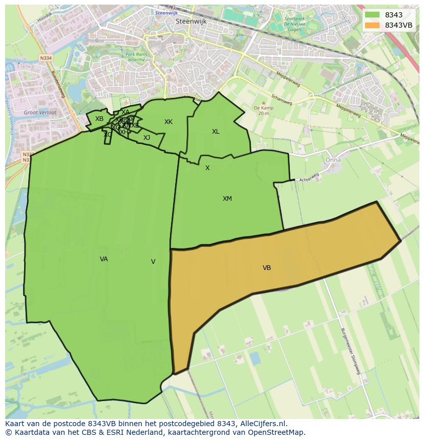 Afbeelding van het postcodegebied 8343 VB op de kaart.