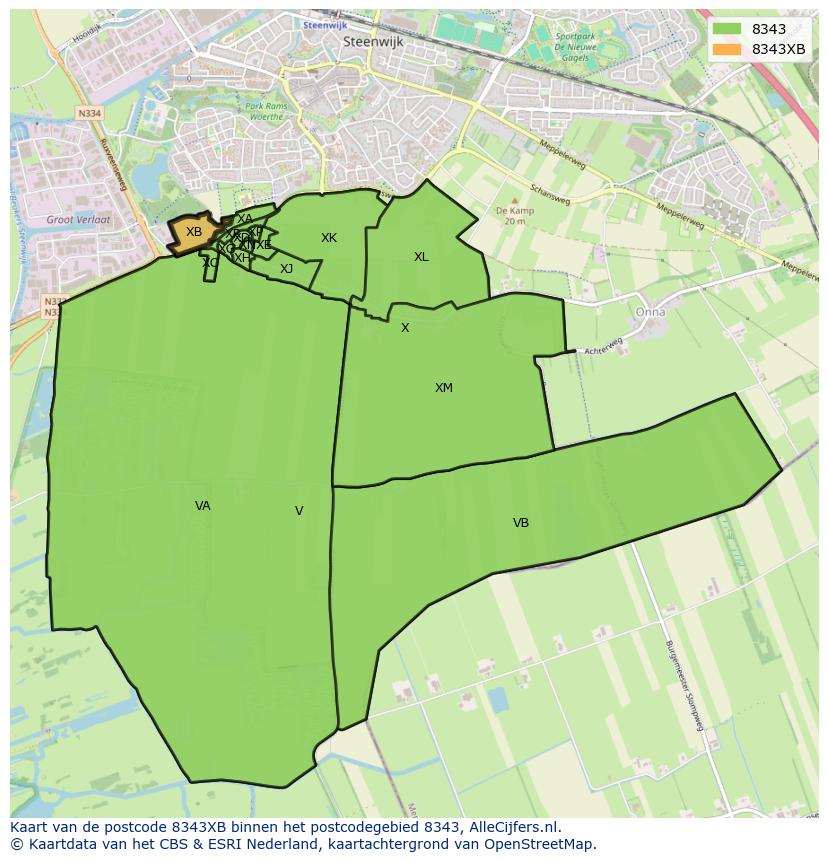 Afbeelding van het postcodegebied 8343 XB op de kaart.