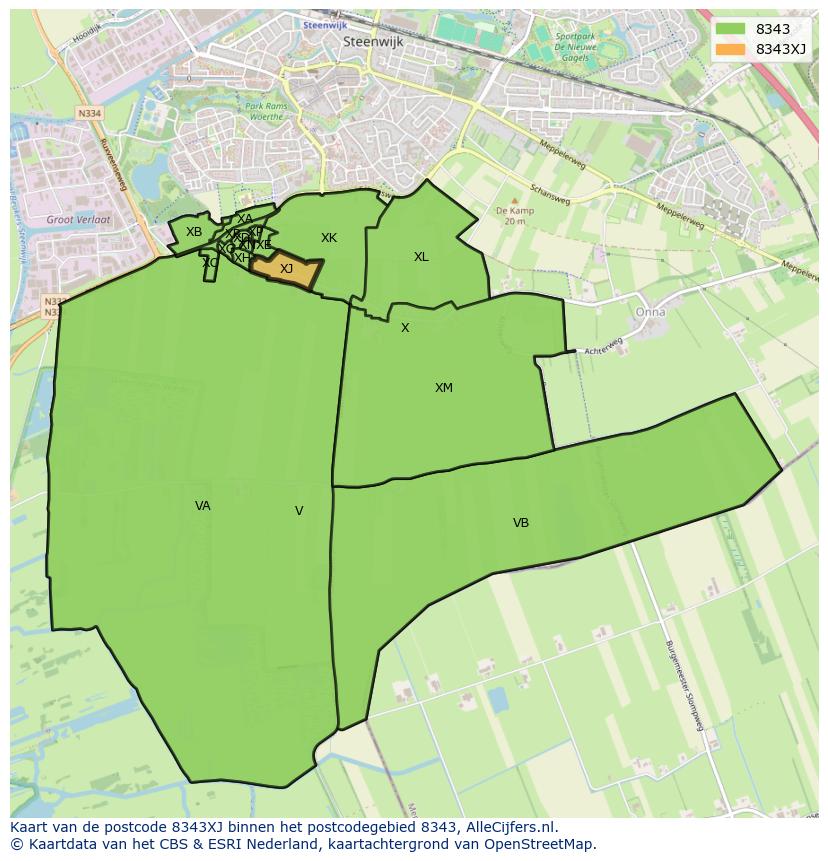 Afbeelding van het postcodegebied 8343 XJ op de kaart.