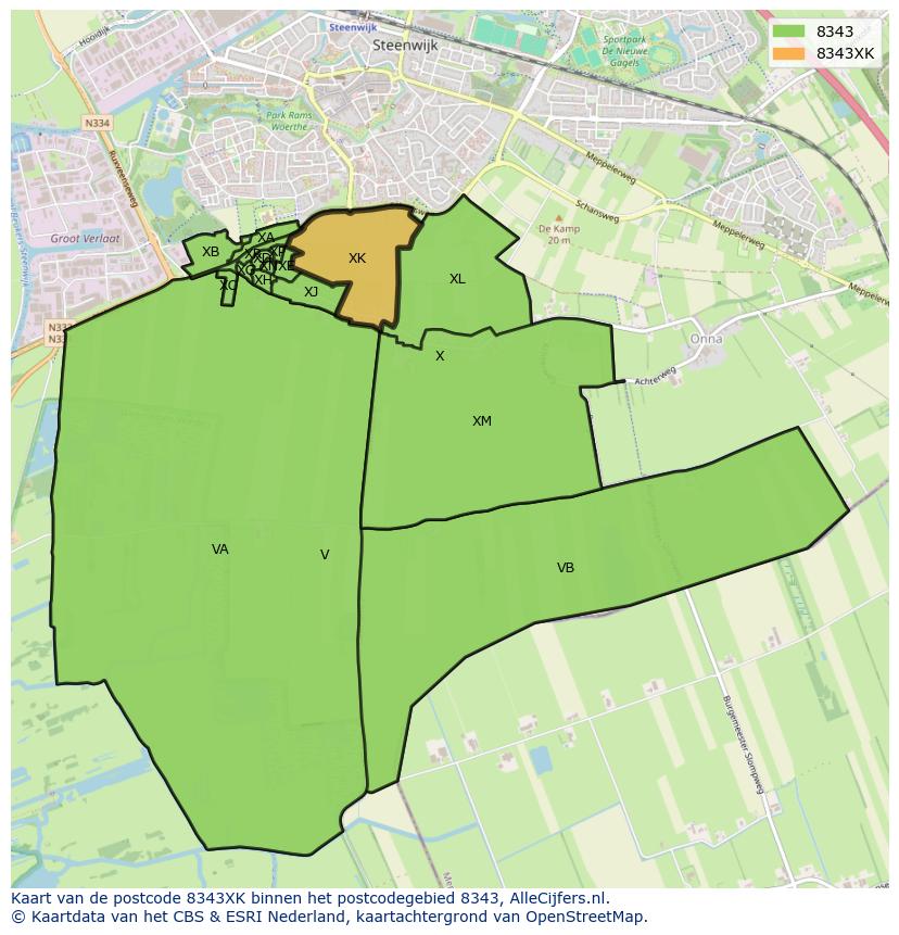 Afbeelding van het postcodegebied 8343 XK op de kaart.