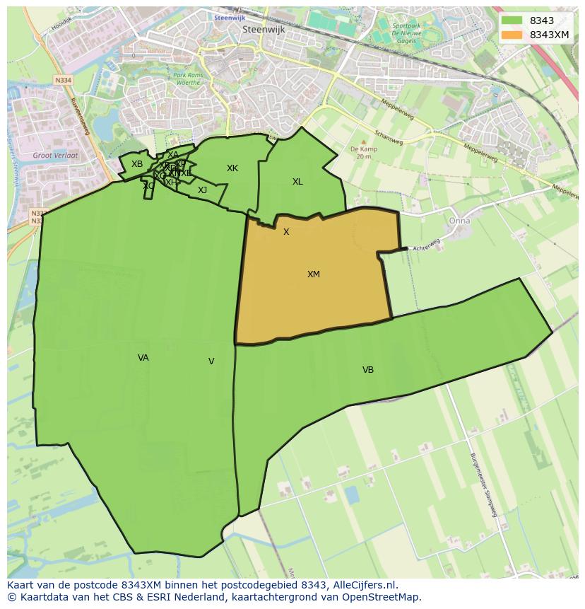 Afbeelding van het postcodegebied 8343 XM op de kaart.
