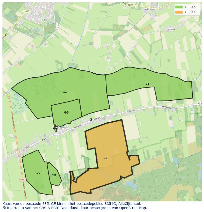 Afbeelding van het postcodegebied 8351 GE op de kaart.