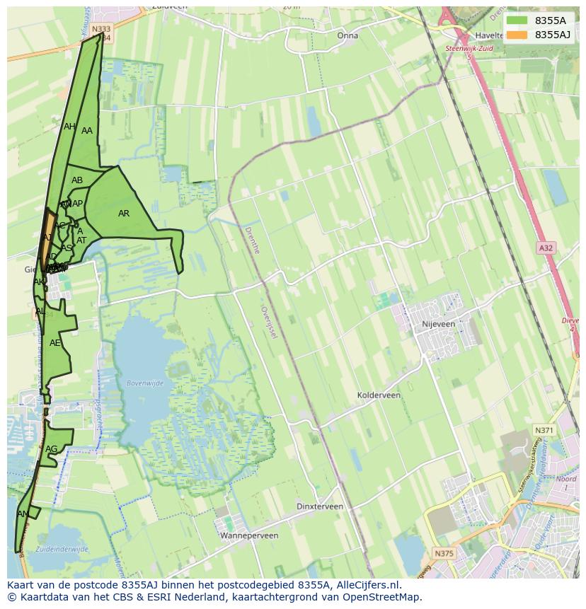 Afbeelding van het postcodegebied 8355 AJ op de kaart.