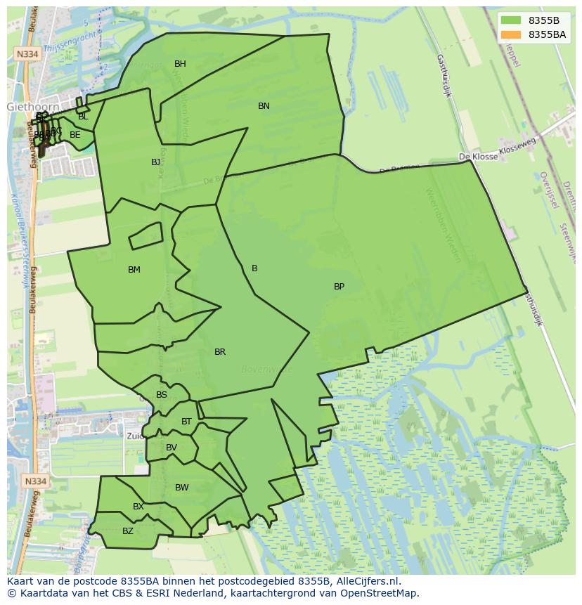 Afbeelding van het postcodegebied 8355 BA op de kaart.