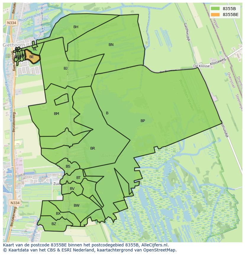 Afbeelding van het postcodegebied 8355 BE op de kaart.
