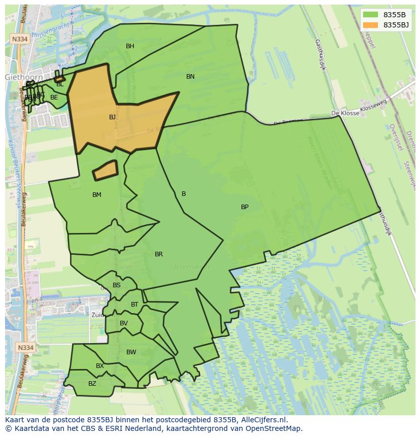 Afbeelding van het postcodegebied 8355 BJ op de kaart.