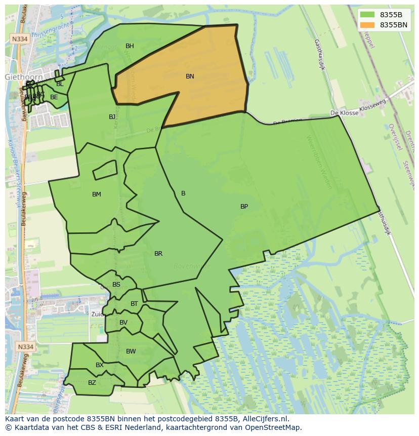Afbeelding van het postcodegebied 8355 BN op de kaart.