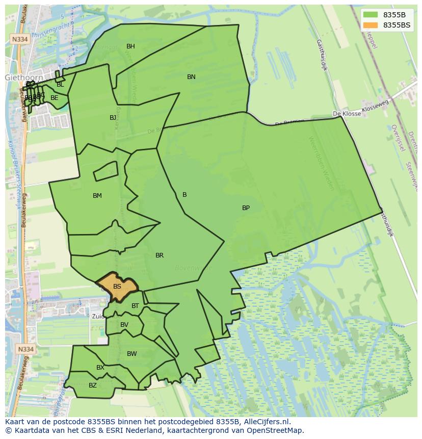 Afbeelding van het postcodegebied 8355 BS op de kaart.