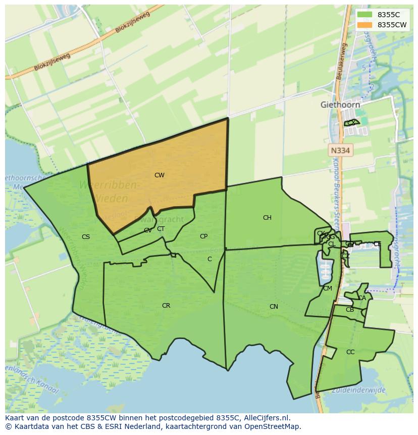 Afbeelding van het postcodegebied 8355 CW op de kaart.