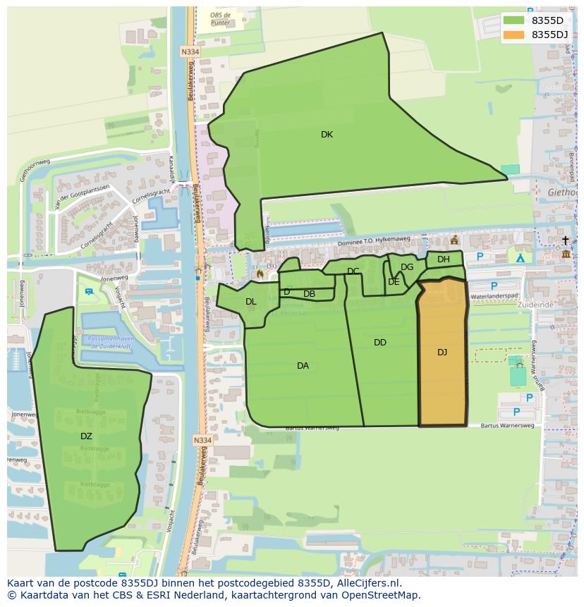 Afbeelding van het postcodegebied 8355 DJ op de kaart.