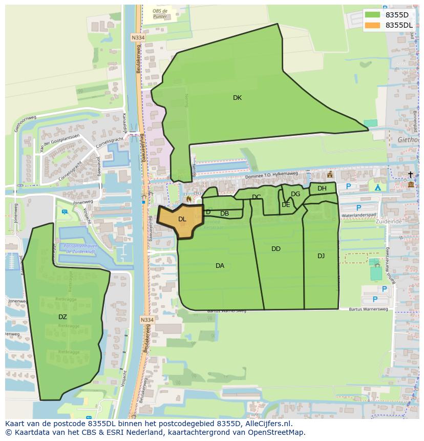 Afbeelding van het postcodegebied 8355 DL op de kaart.