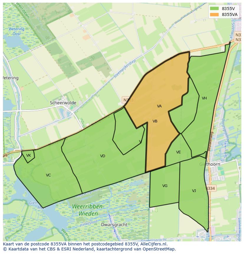 Afbeelding van het postcodegebied 8355 VA op de kaart.