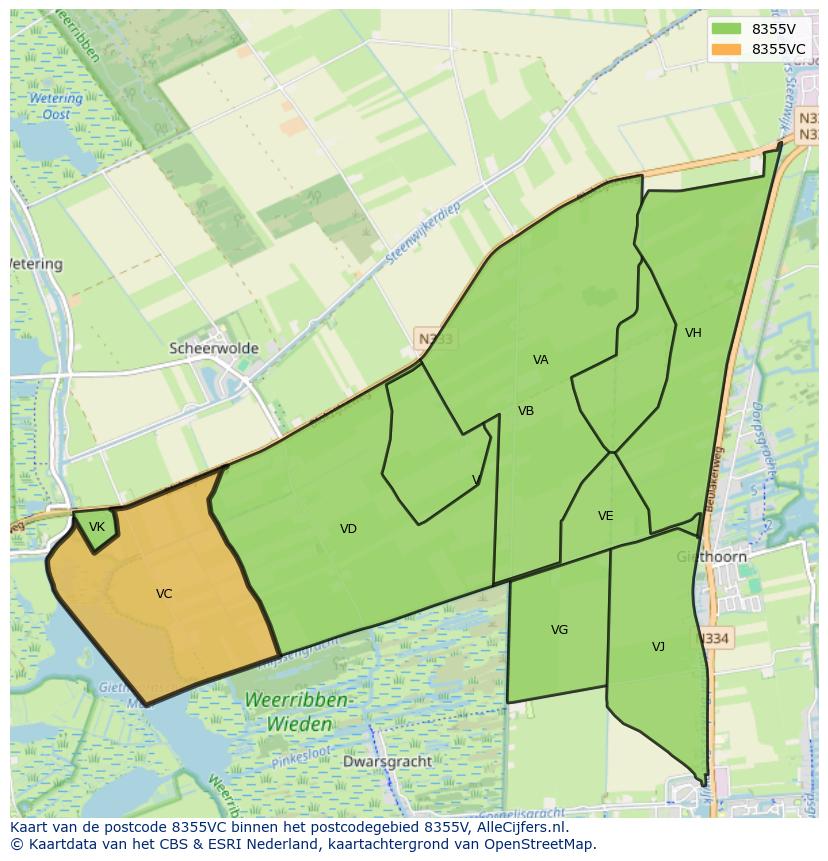 Afbeelding van het postcodegebied 8355 VC op de kaart.