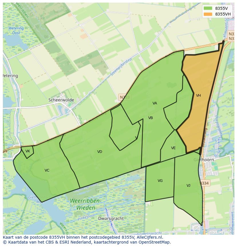 Afbeelding van het postcodegebied 8355 VH op de kaart.