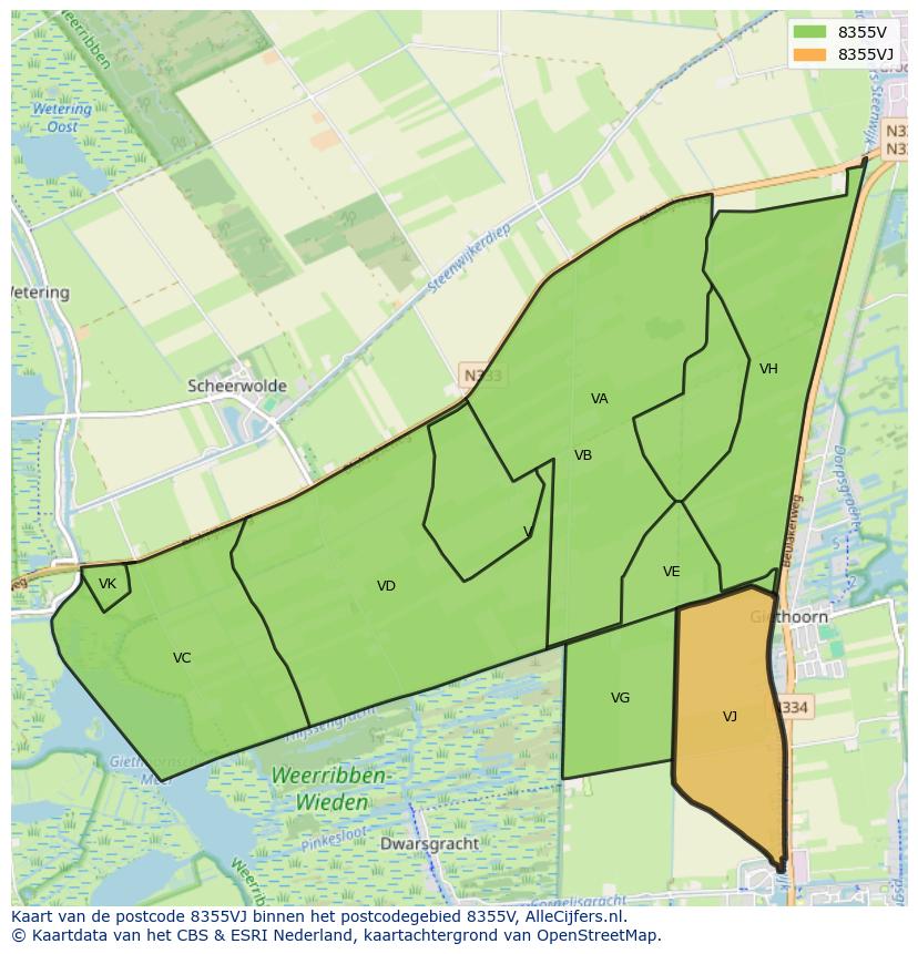 Afbeelding van het postcodegebied 8355 VJ op de kaart.