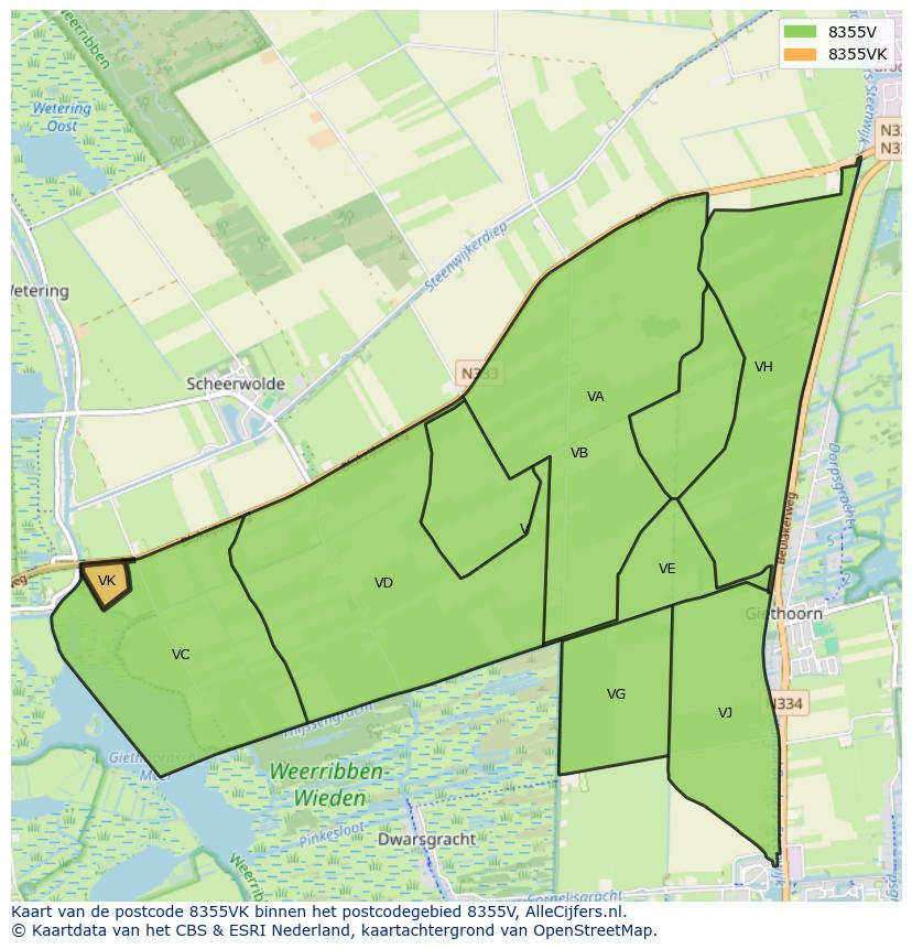 Afbeelding van het postcodegebied 8355 VK op de kaart.