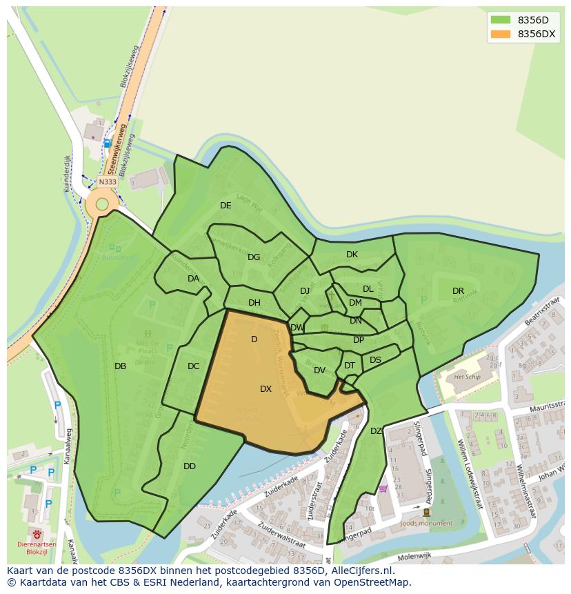 Afbeelding van het postcodegebied 8356 DX op de kaart.