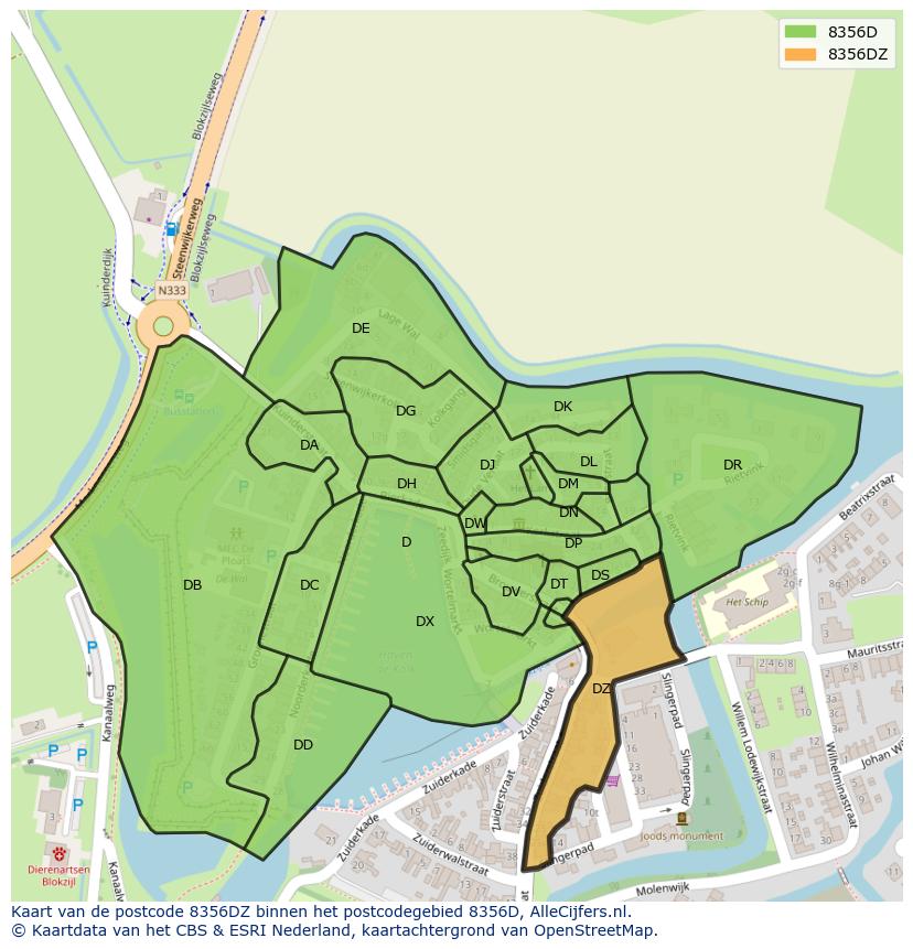 Afbeelding van het postcodegebied 8356 DZ op de kaart.