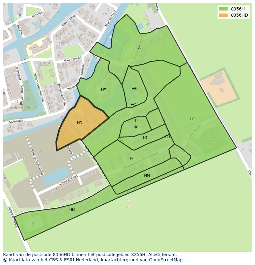 Afbeelding van het postcodegebied 8356 HD op de kaart.