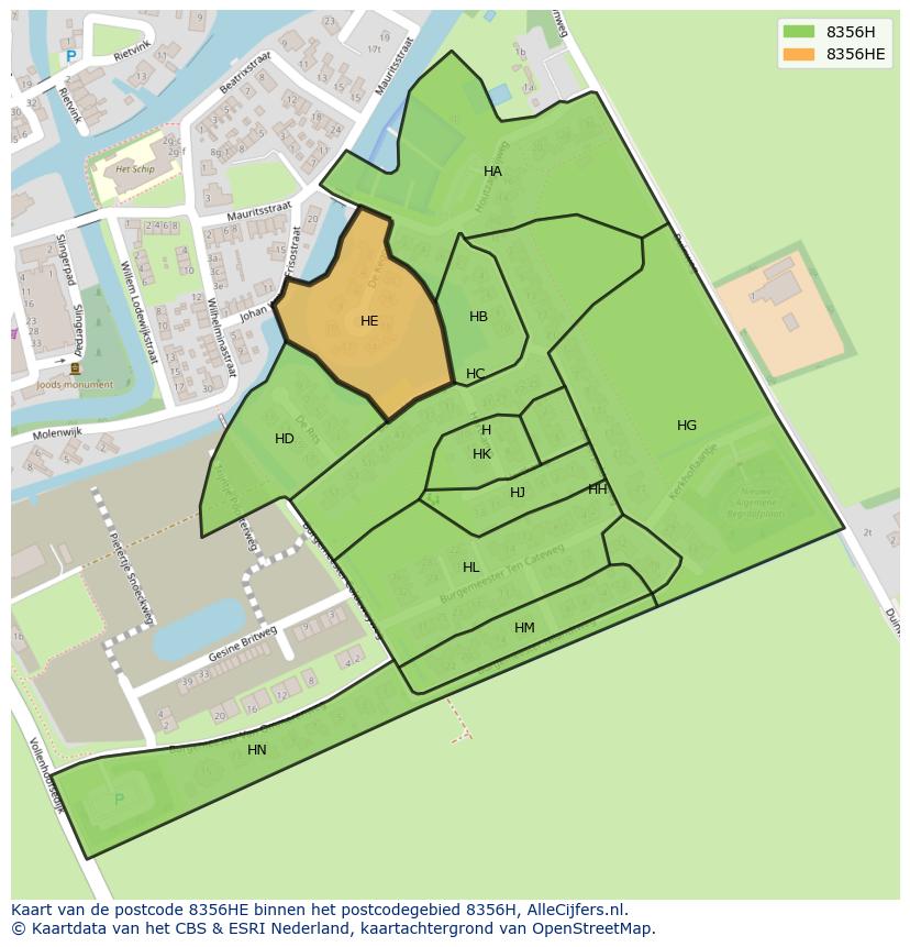 Afbeelding van het postcodegebied 8356 HE op de kaart.
