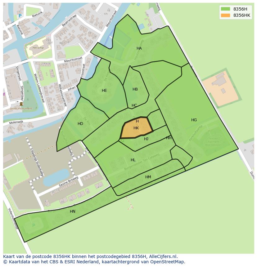Afbeelding van het postcodegebied 8356 HK op de kaart.