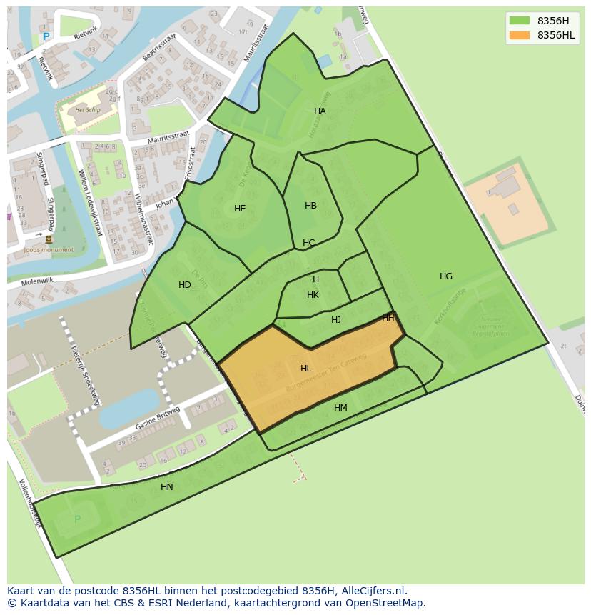 Afbeelding van het postcodegebied 8356 HL op de kaart.