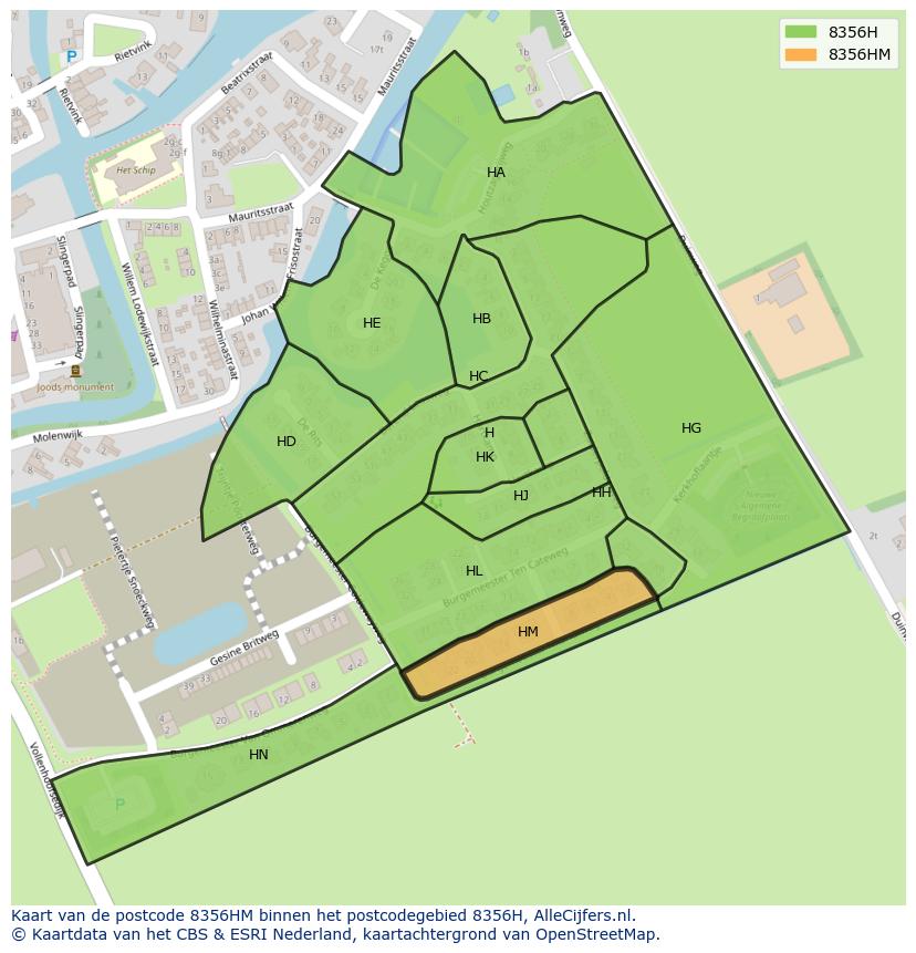 Afbeelding van het postcodegebied 8356 HM op de kaart.