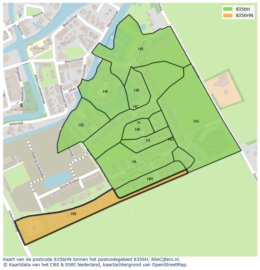 Afbeelding van het postcodegebied 8356 HN op de kaart.