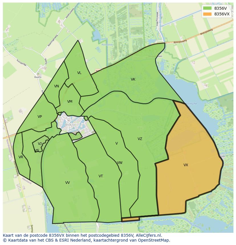 Afbeelding van het postcodegebied 8356 VX op de kaart.
