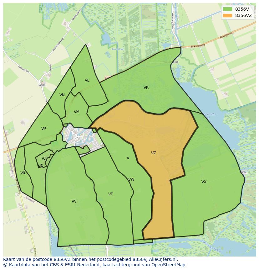 Afbeelding van het postcodegebied 8356 VZ op de kaart.