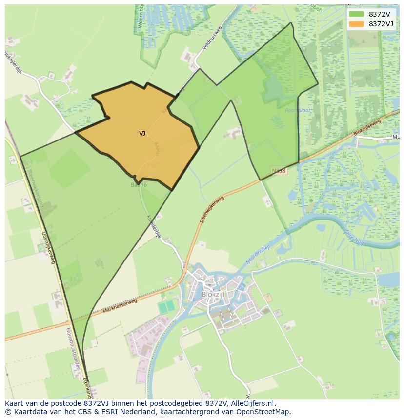 Afbeelding van het postcodegebied 8372 VJ op de kaart.